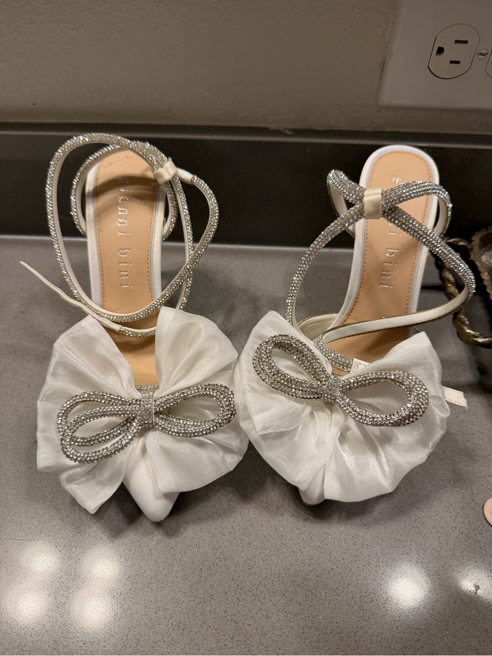 Gianni Bini White Satin Bow Heels with Crystal Bow Accent